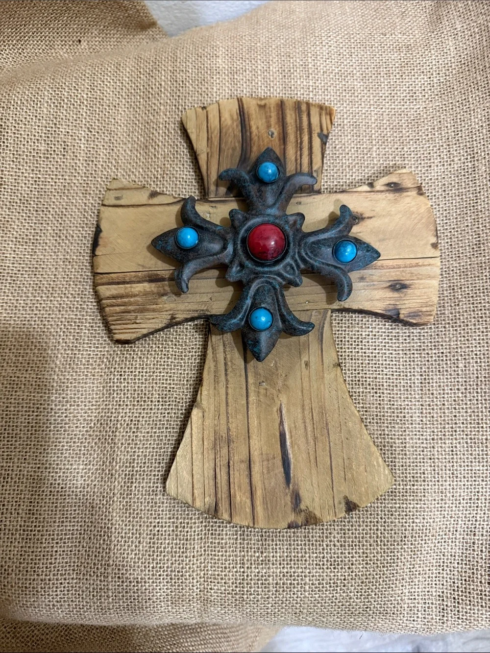 Wooden Decorative Wall Cross with Turquoise and Red Accents and Barn Wood